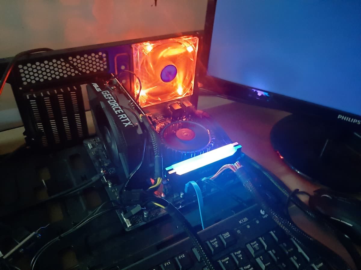 A PC on the bench being set up and tested