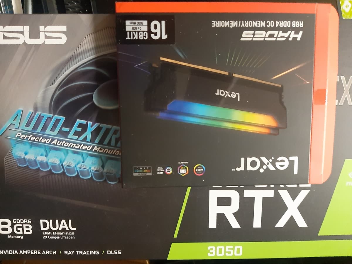 Boxed graphics card and memory ready to be built into a PC
